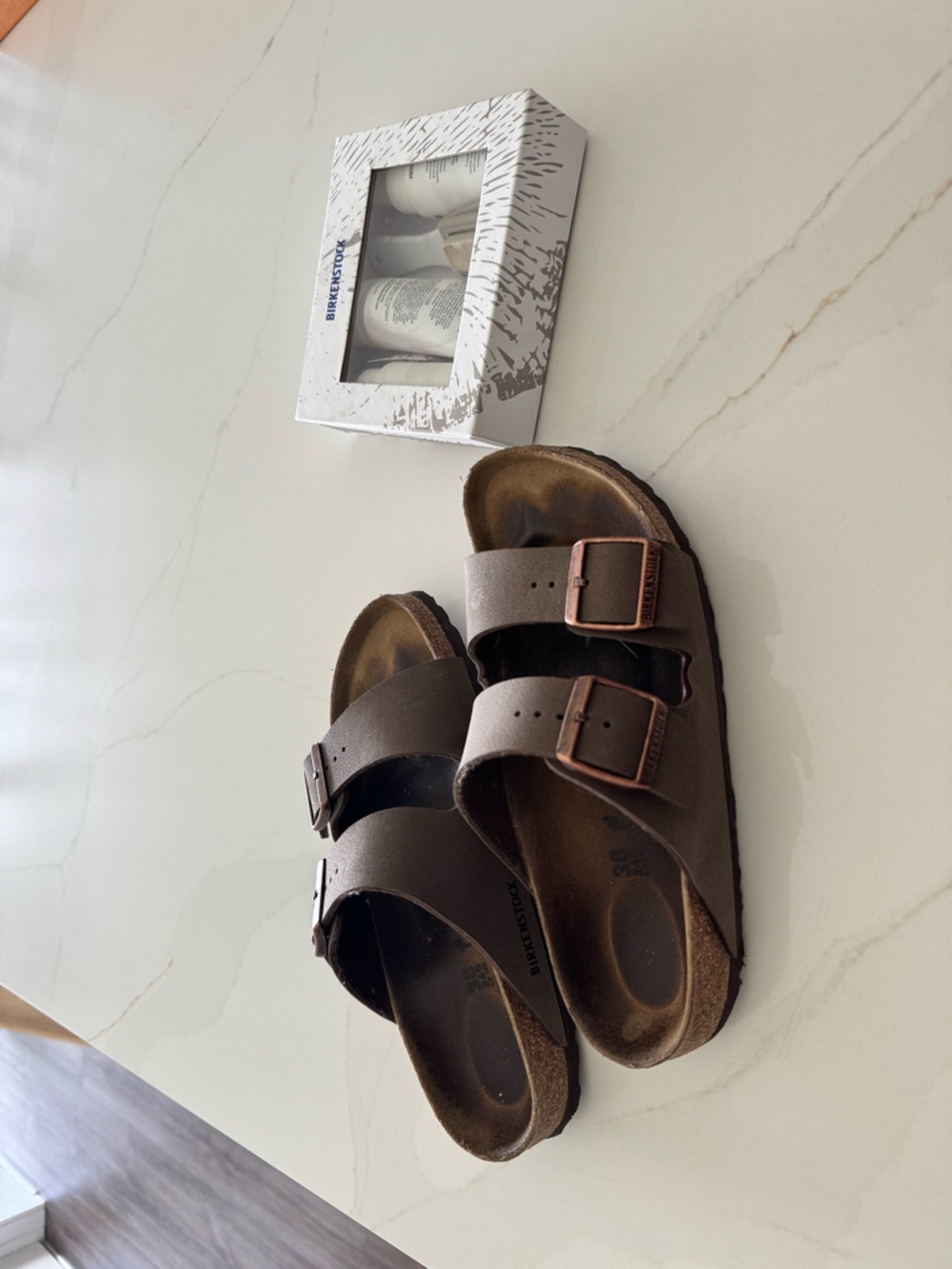 Birkenstock Arizona Sandal in Brown with Copper Buckles & Care Kit Included